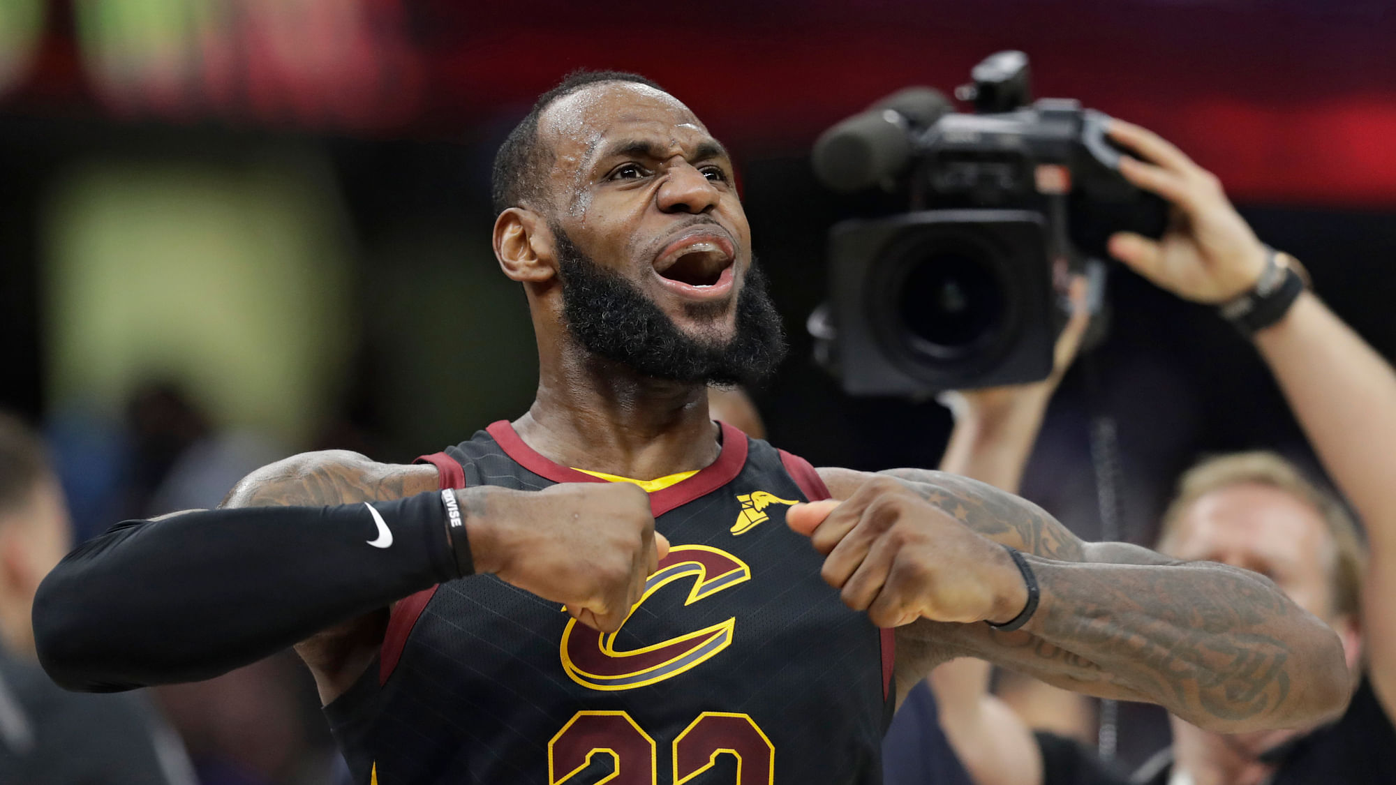 Cleveland Cavaliers’ LeBron James celebrates after scoring the game-winning shot in the second half of Game 5 of an NBA basketball first-round playoff series against the Indiana Pacers, Wednesday, April 25, 2018, in Cleveland. The Cavaliers won 98-95.&nbsp;