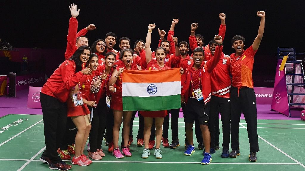 Indian Badminton squad after winning the finals of Mixed Team event.