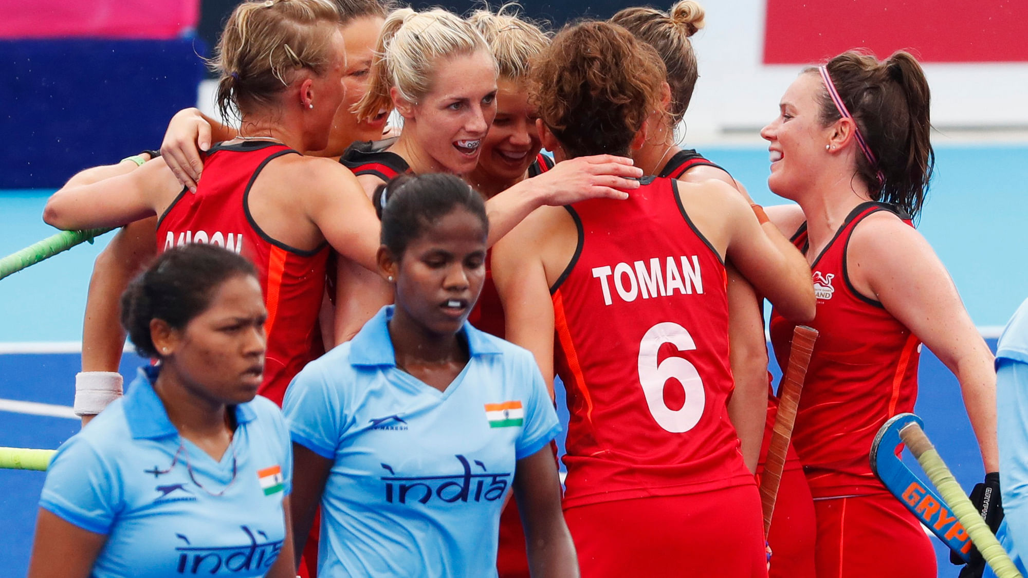 CWG 2018: England players celebrate a goal against India in the bronze medal match.