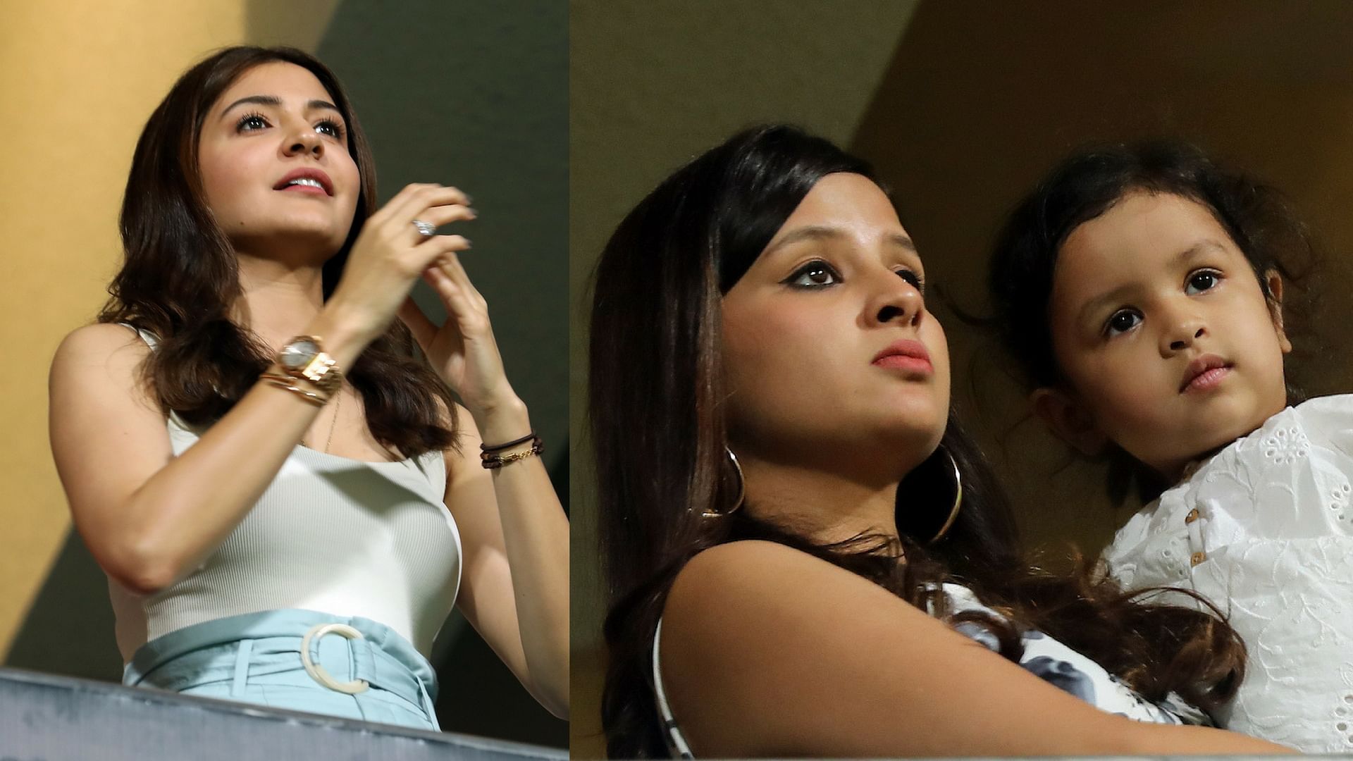 Anushka Sharma and Sakshi Dhoni with daughter Ziva at the IPL match between Chennai Super Kings and Royal Challengers Bangalore on Wednesday.