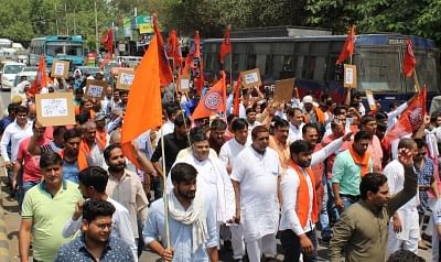 Gurugram: Protesters under the banner of the Sanyukt Hindu Sangharsh Samiti march to demand cancellation of an FIR against six youths on the charge of disrupting