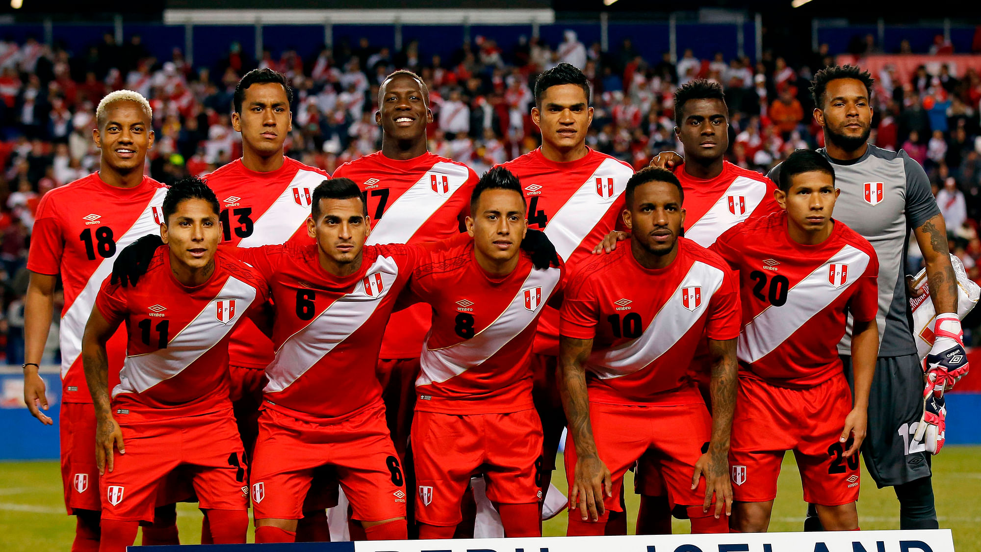 In this photo taken on Tuesday, March 27, 2018The Peru starting squad poses for a photo prior prior to an international friendly soccer match, in Harrison, N.J.&nbsp;