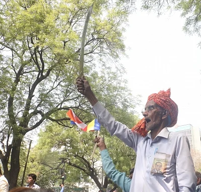New Delhi: People stage a demonstration during a nation wide strike called to protest against the dilution of the SC/ST Prevention of Atrocities Act in New Delhi, on April 2, 2018. (Photo: Bidesh Manna/IANS)