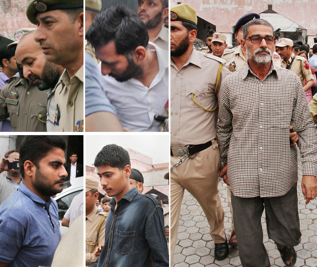 Prime accused Sanji Ram (R) and other accused of Kathua rape and murder case, being produced in District Court in Kathua, about 85km from Jammu on Monday, 16 April.