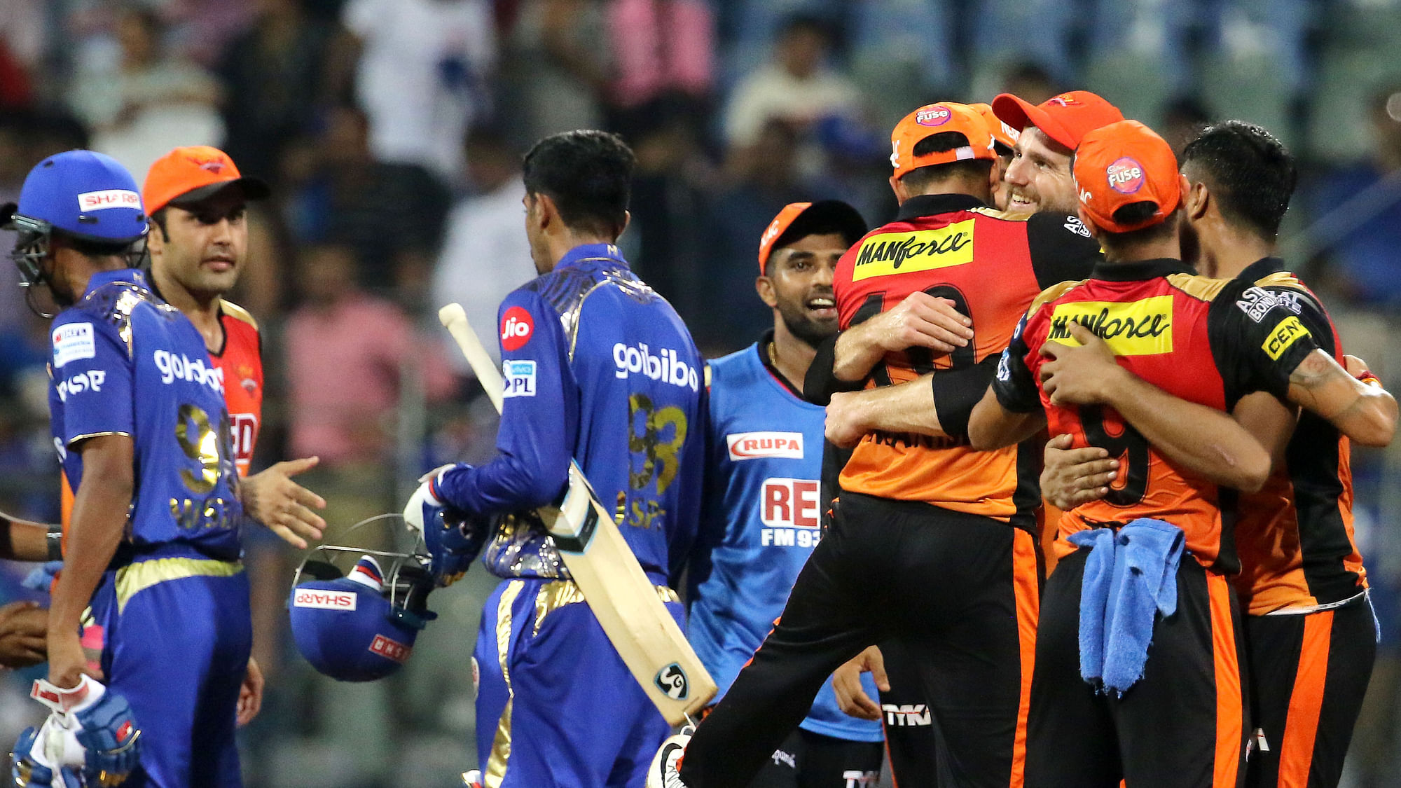Sunrisers Hyderabad players celebrate after winning the match against Mumbai Indians&nbsp;