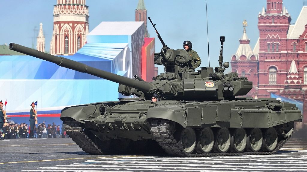A Russian T-90 battle tank on display at a victory parade. &nbsp;