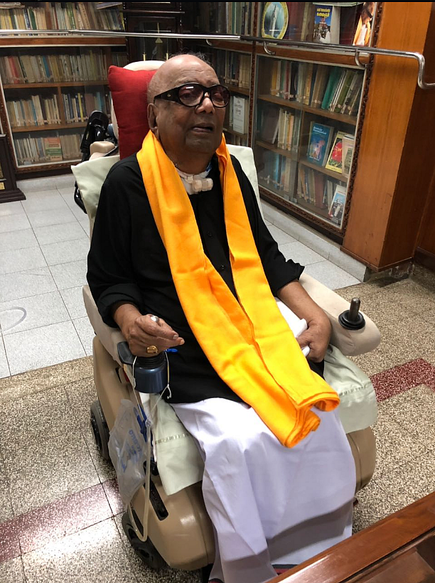 DMK supremo M Karunanidhi wearing a black shirt as a sign of protest against PMModi’s visit to Chennai.