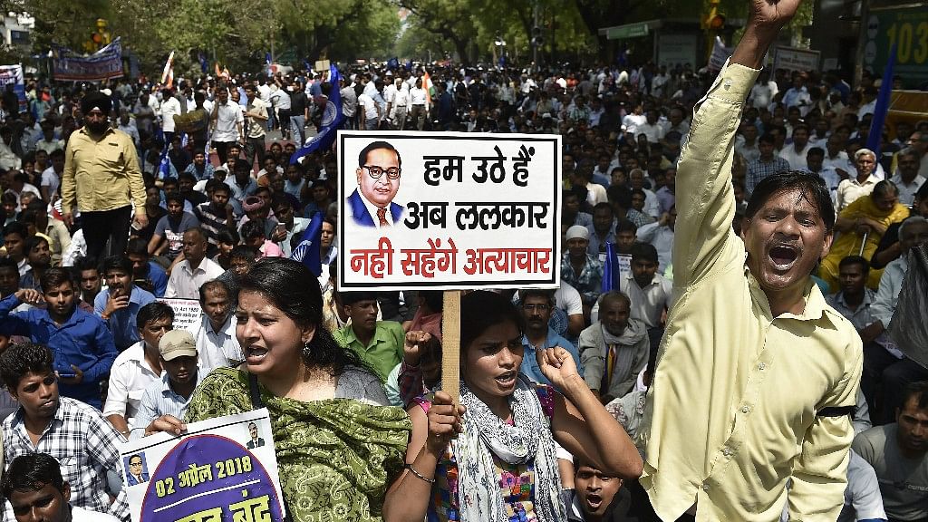 Members of the Dalit community raise slogans during Bharat Bandh against the alleged dilution of SC/ST Act in New Delhi, on 2 April 2018. Image used for representation.