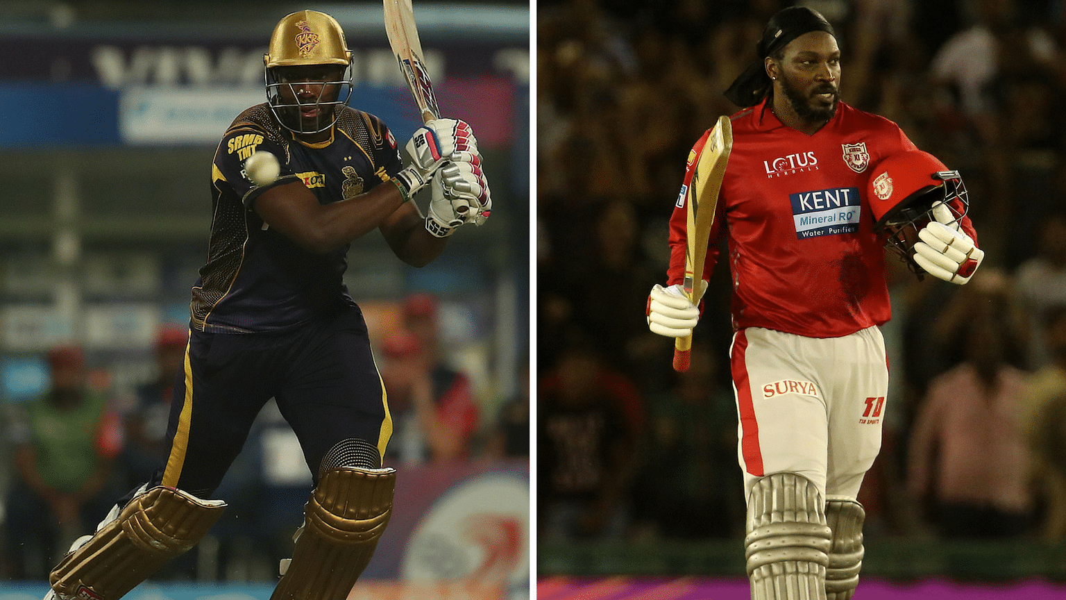 File pictures of Andre Russell (left) and Chris Gayle.