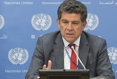 United Nations Security Council President Gustavo Meza-Cuadra, who is the Permanent Representative of Peru, at a news conference on Monday, April 2, 2018, at the UN headquarters in New York. (Photo: UN/IANS)