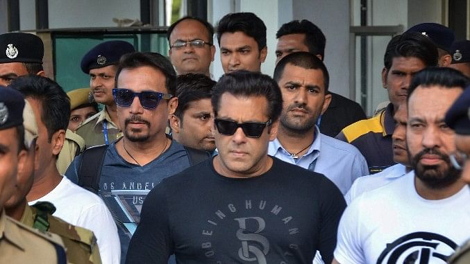 Film actor Salman Khan leaves from Jodhpur airport to appear in the chief judicial magistrate court in the 1998 Blackbuck hunting case, in Jodhpur on Wednesday.