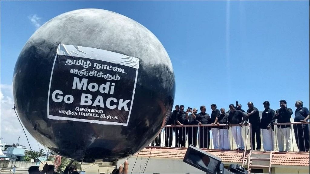 DMK floats a black balloon in Chennai with the slogan ‘Modi Go Back’, to protest PM Narendra Modi’s visit to Tamil Nadu.&nbsp;