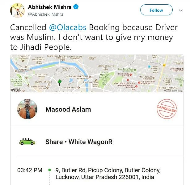 Mishra said he cancelled his cab because he didn’t want to give money to ‘jihadi’ people. 