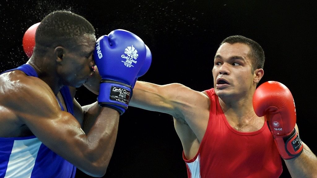  India’s Vikas Krishan Yadav and Zambias Benny Muziyo compete in the Mens 75kg category quarterfinals boxing bout at the Commonwealth Games 2018.