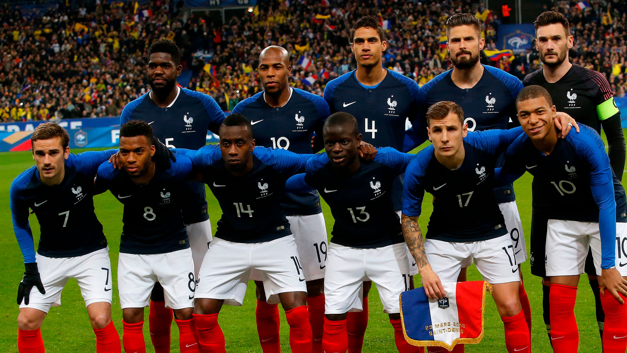 In this photo taken on Friday March 23, 2018 the French national soccer team poses before a friendly soccer match between France and Colombia in Saint-Denis, outside Paris.