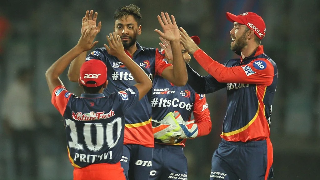 Delhi Daredevils’ Avesh Khan celebrates the wicket of Aaron Finch of the Kings XI Punjab at the Feroz Shah Kotla Ground in Delhi. 