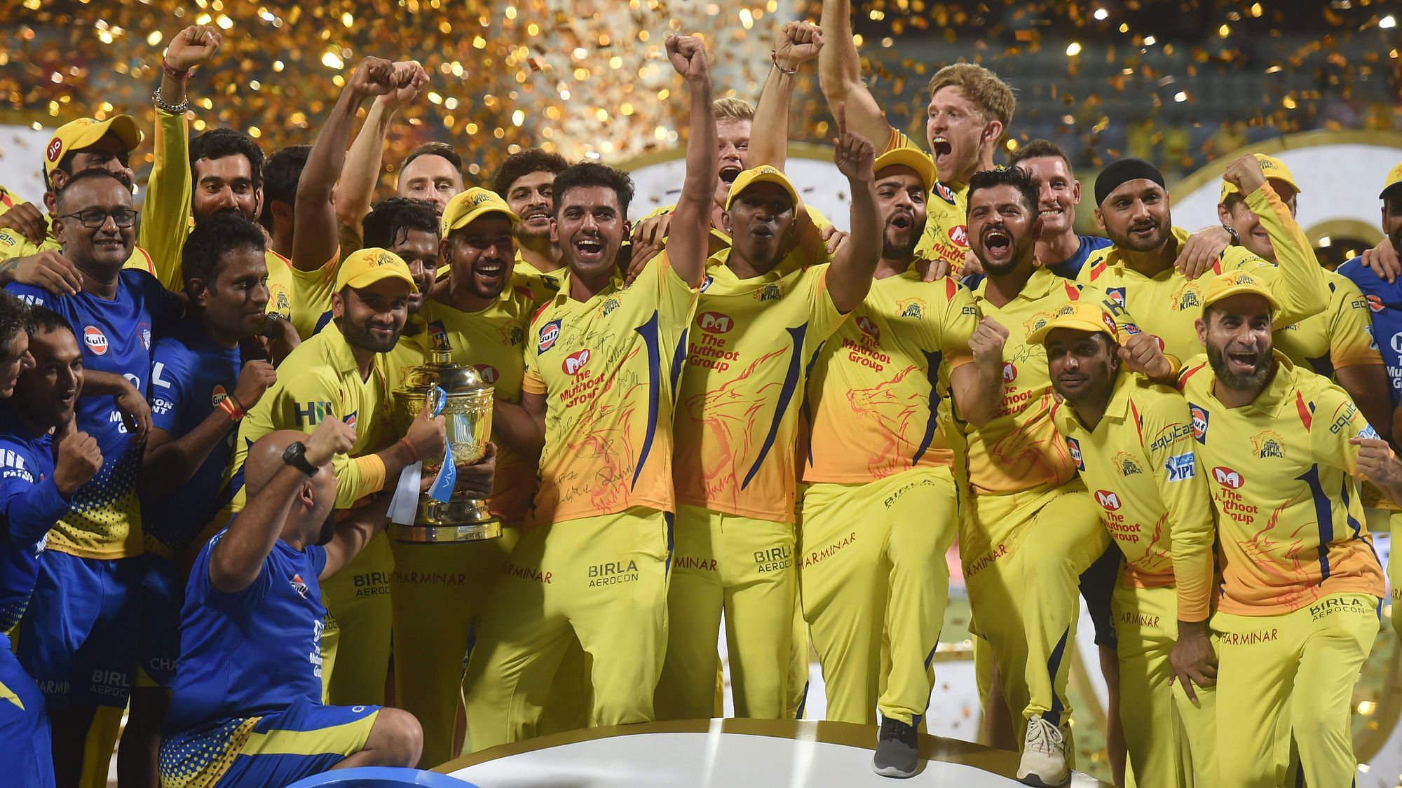 Chennai Super Kings players celebrate with the IPL 2018 trophy after winning the final against Sunrisers Hyderabad in Mumbai on Sunday.