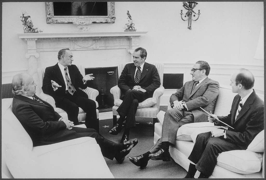 US President Richard Nixon and Secretary of State Henry Kissinger meet diplomats from Egypt and Saudi Arabia, at the White House in Washington D.C., on 19 February, 1974. 