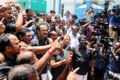 Chennai: DMK working president MK Stalin and party workers stage a demonstration wearing black clothes, against the death of 13 people who lost their lives in police firing during anti-Sterlite protests, at the state assembly in Chennai on May 29, 2018. The Tamil Nadu government on Monday issued orders closing the copper smelter plant in Thoothukudi owned by the Vedanta Group, a week after 13 people were killed in police firing during protests against the continued functioning of the unit. (Phot