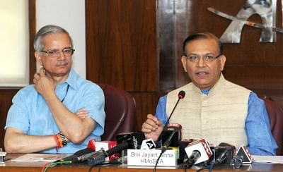 New Delhi: Union MoS Civil Aviation Jayant Sinha briefs the media on the proposed Passenger Charter and aspects of Air Sewa, in New Delhi on May 22, 2018. Also seen Ministry of Civil Aviation Secretary R.N. Choubey. (Photo: IANS/PIB)