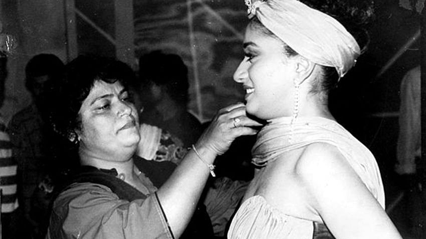 Saroj Khan with Madhuri Dixit during a shoot.