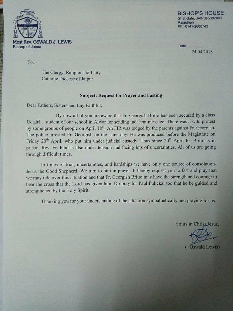After Father Britto’s arrest, the Bishop’s House released a letter, urging everyone to “pray” for him.