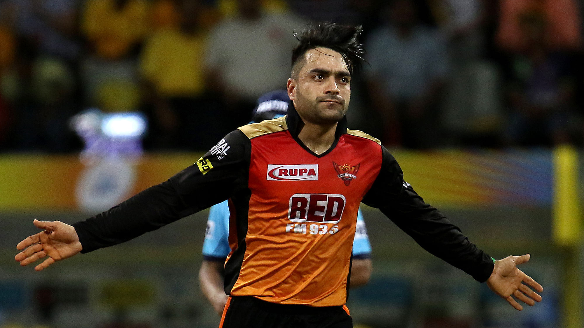 Rashid Khan of the Sunrisers Hyderabad celebrates the wicket of Dwayne Bravo of the Chennai Super Kings during the qualifier 1 of the Vivo Indian Premier League 2018