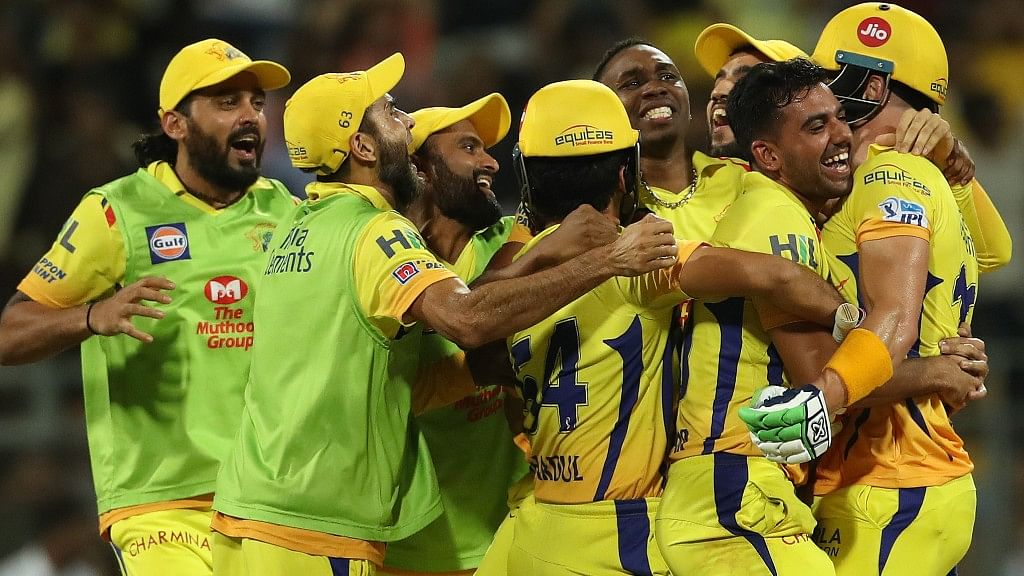 Chennai Super Kings’ players celebrate after winning against Sunrisers Hyderabad by two wickets.