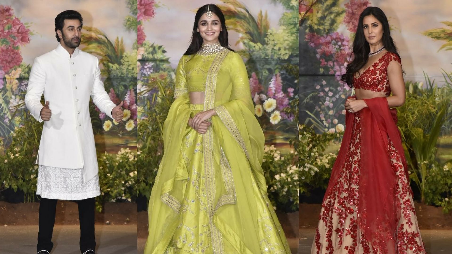 Ranbir Kapoor, Alia Bhatt and Katrina Kaif at the reception.&nbsp;