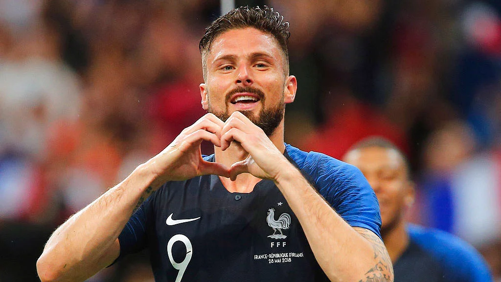 France’s Olivier Giroud celebrates after scoring a goal against Ireland. 