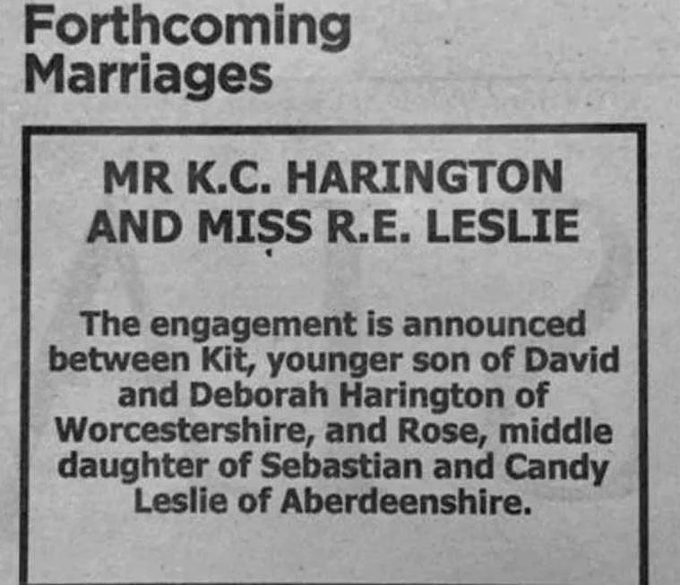 Engagement announcement of Kit Harington and Rose Leslie in the newspaper, Times in England.