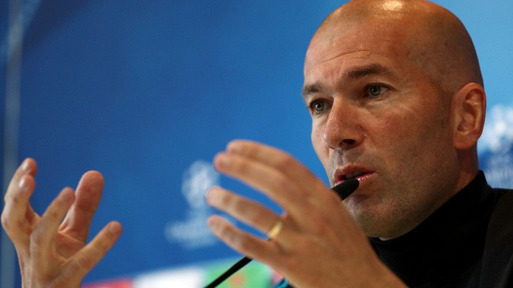 Zinedine Zidane addressing press conference in Kiev in Ukraine on Friday.