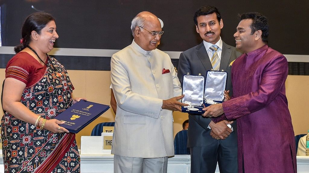 President Ram Nath Kovind confers the Best Music Direction Award on AR Rahman during the 65th National Film Awards function at Vigyan Bhavan on Thursday,  one of the 11 awards that President Kovind gave.&nbsp;