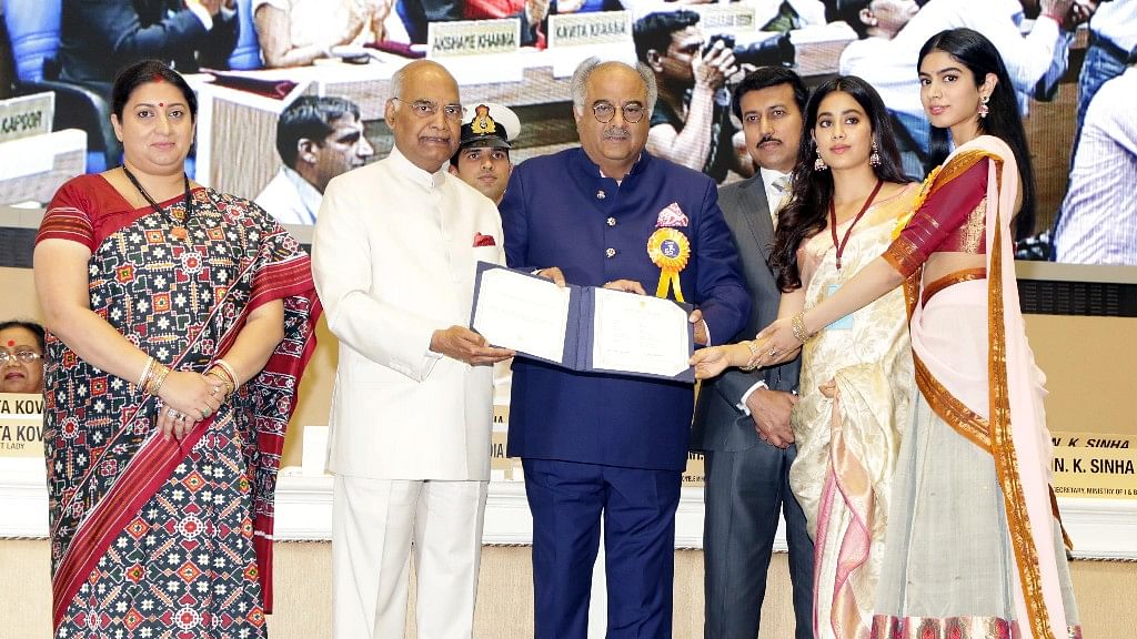 I&amp;B Minister Smriti Irani, President Ram Nath Kovind presenting the National Award for Best Actress to Sridevi’s family - husband Boney Kapoor, and daughters Janhvi and Khushi Kapoor.