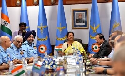 New Delhi: Union Defence Minister Nirmala Sitharaman with Chief of the Air Staff, B.S. Dhanoa at Air Force Commanders Conference in New Delhi on May 31, 2018. (Photo: IANS)