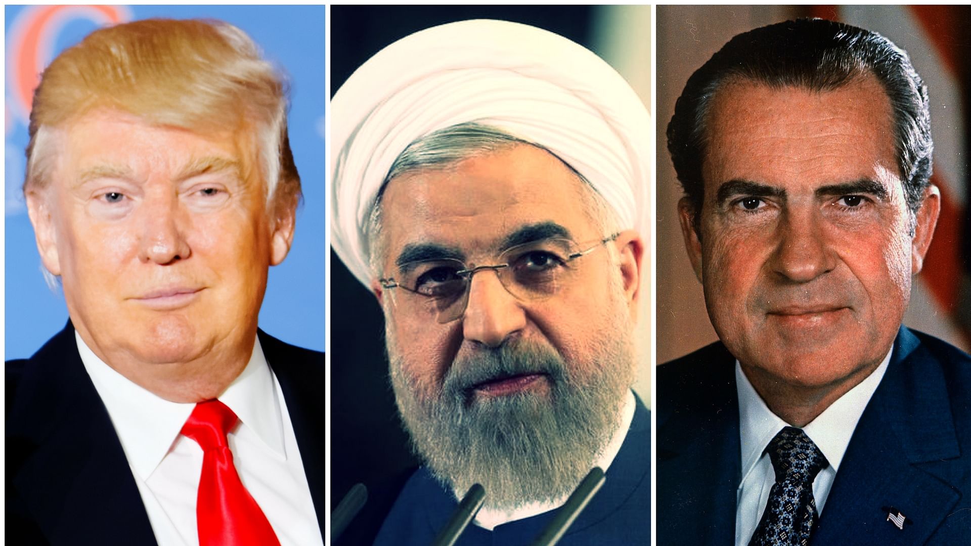 US President Donald Trump (L), Iran President Hassan Rouhani (C) and Former US President Richard Nixon (R)