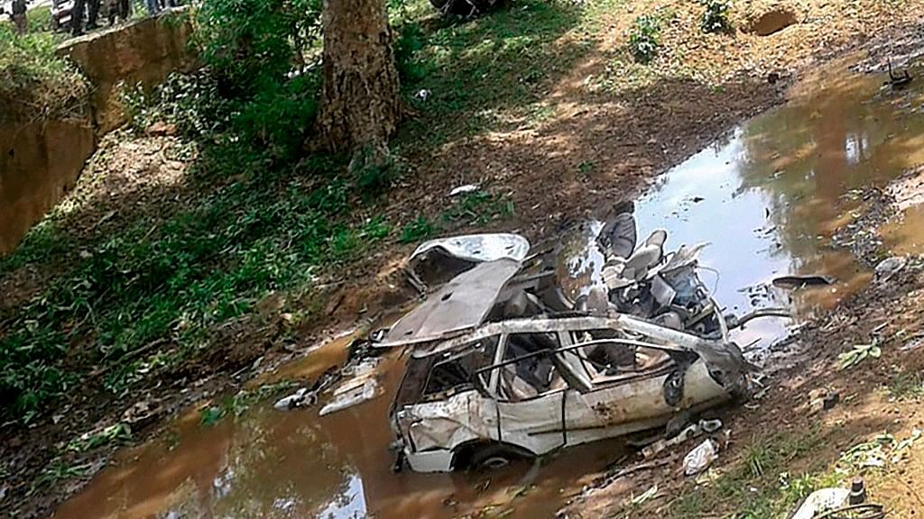 Mangled remains of the police vehicle that was blown up by Maoists with an Improvised Explosive Device (IED) in Chhattisgarh’s Dantewada district.