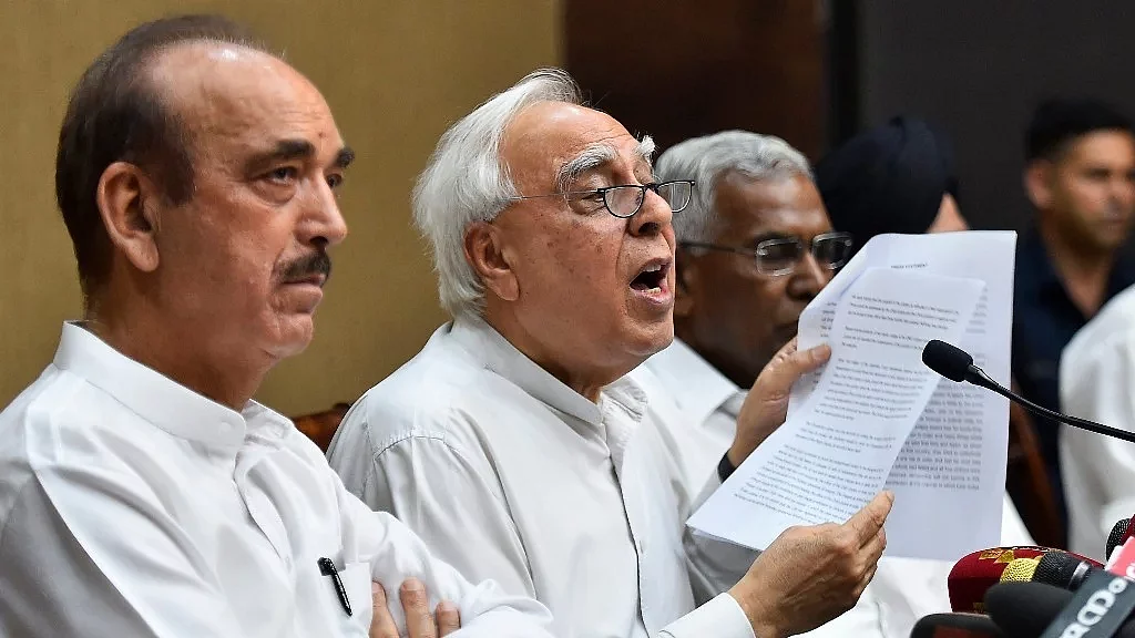 (From L-R) Opposition MPs Ghulam Nabi Azad, Kapil Sibal and D Raja at the press conference to announce the impeachment motion on 21 April 2018.