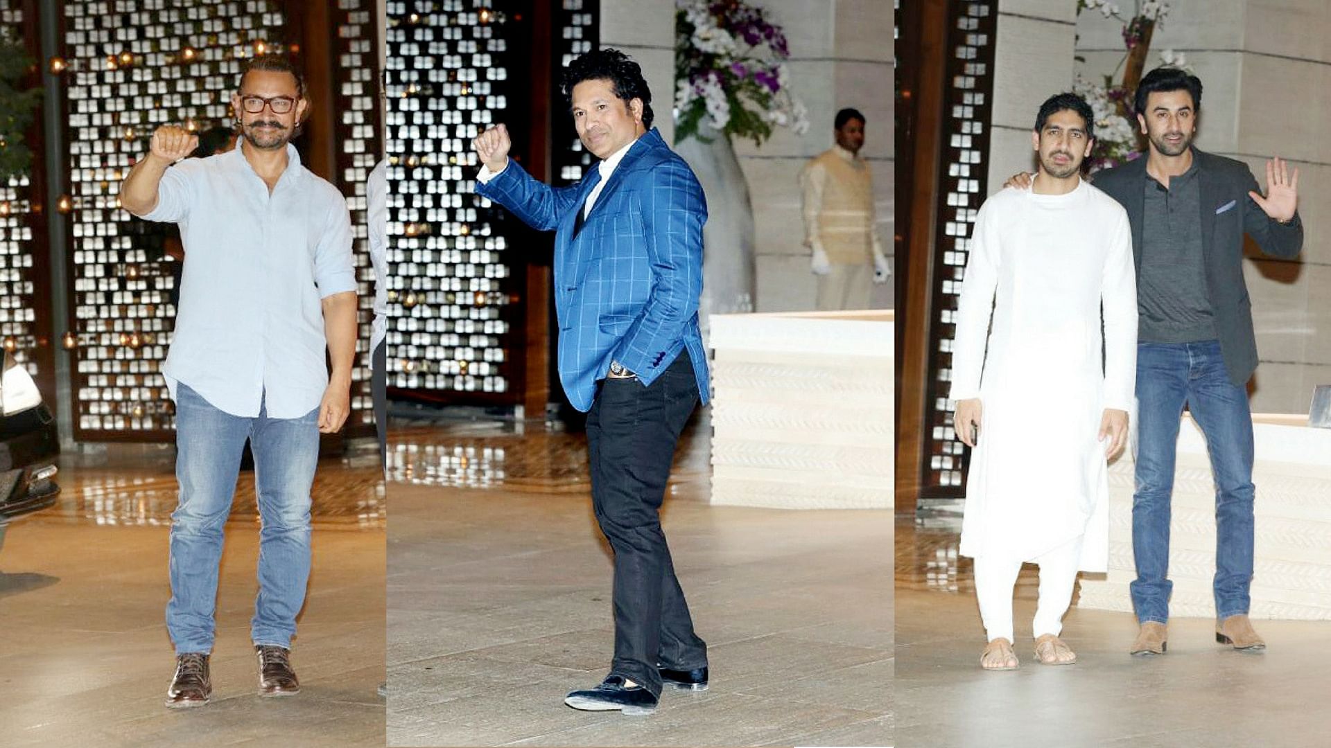 Aamir Khan, Sachin Tendulkar and Ranbir Kapoor at the Isha Ambani - Anand Piramal engagement celebration.