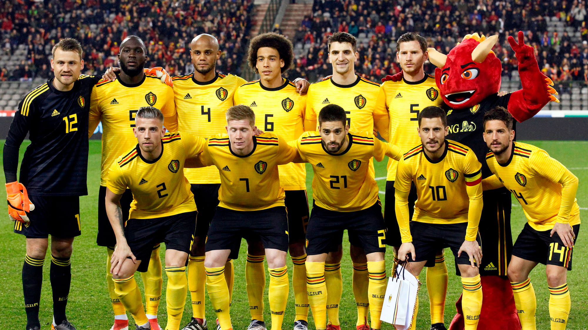 In this photo taken on Tuesday, March 27, 2018, Belgium’s National team before a friendly soccer match between Belgium and Saudi Arabia at King Baudouin stadium in Brussels.&nbsp;