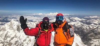 Mountaineer Arjun Vajpai (left) at the Kanchenjunga summit.