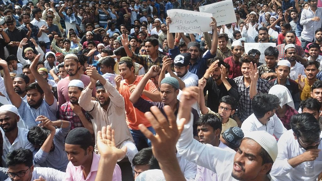 Aligarh Muslim University students stage a protest over Jinnah portrait issue in Aligarh on 4 May.