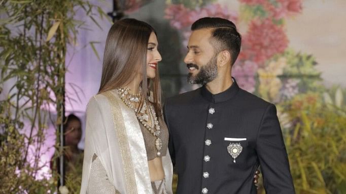 Sonam Kapoor and Anand Ahuja on the day of their wedding reception held on 8 May in The Leela Hotel, Mumbai.&nbsp;