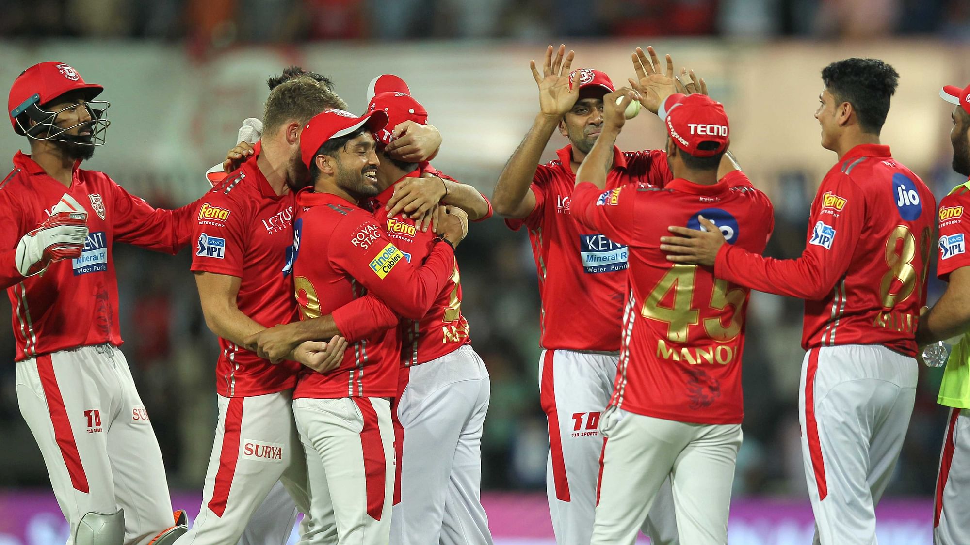 Kings XI Punjab players celebrate a wicket during their 6 wicket win over Rajasthan Royals on Sunday in Indore.