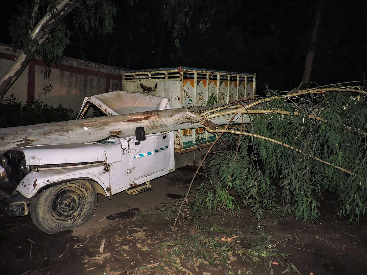 A tree falls on a vehicle in the dust storm in Bareilly, UP.
