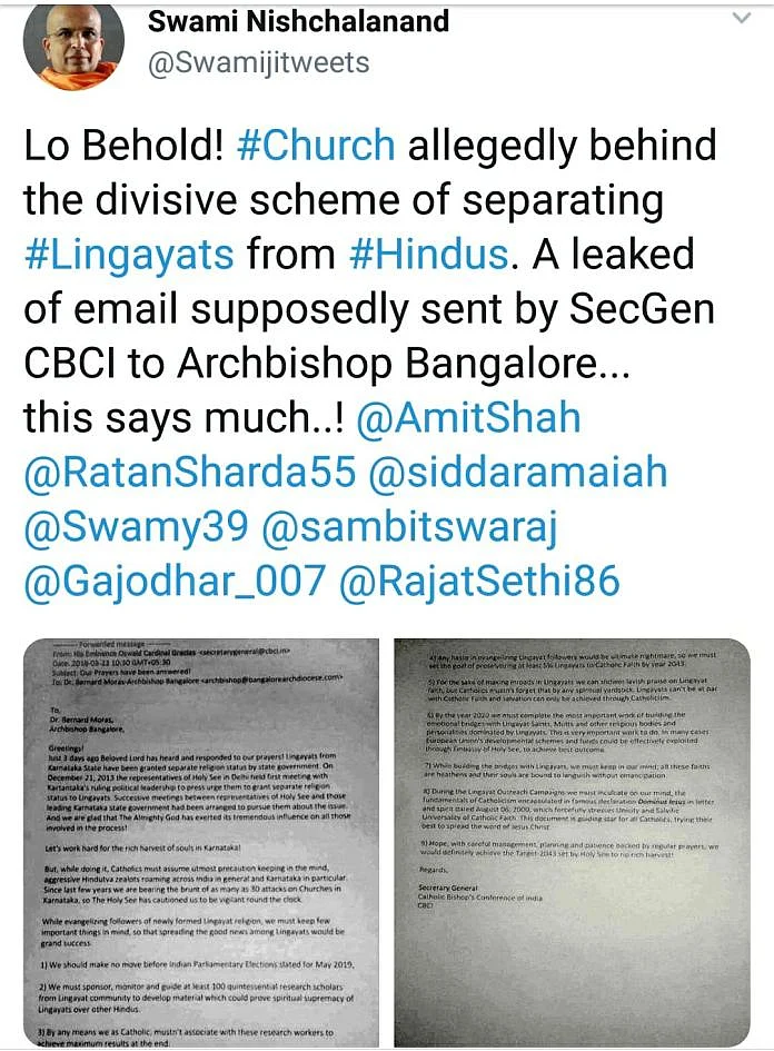 Subramanian Swamy Shares Fake Email About Church in Lingayat Issue