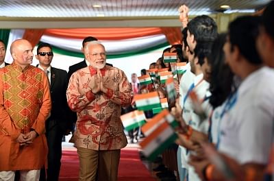 Jakarta: Prime Minister Narendra Modi arrives to addresses the Indian community, in Jakarta, Indonesia on May 30, 2018. (Photo: IANS/PIB)