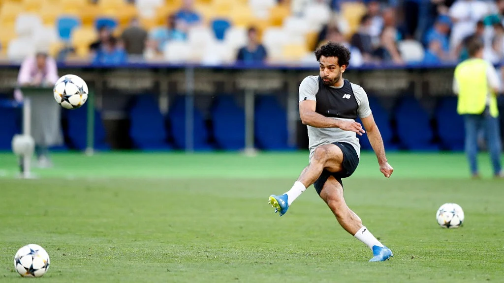 Liverpool’s Mohamed Salah kicks the ball during a training session at the Olimpiyskiy Stadium in Kiev in Ukraine on Friday,