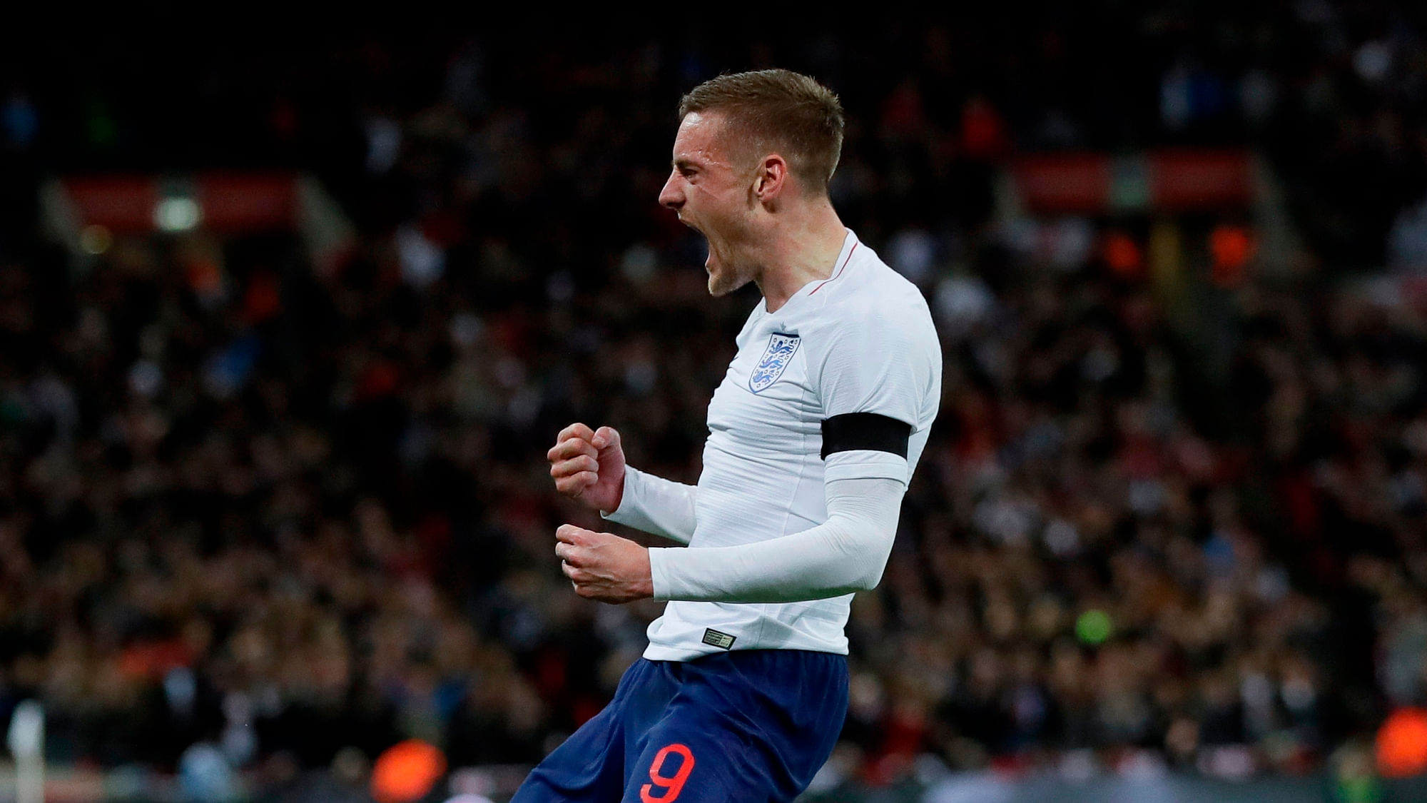 In this Tuesday, March 27, 2018 file photo, England’s Jamie Vardy celebrates after scoring his side’s opening goal during the international friendly soccer match between England and Italy at the Wembley Stadium in London.&nbsp;