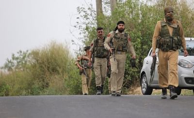 Kathua: Security personnel during a search operation near Hiranagar sector of Jammu and Kashmir